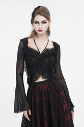 Black Lace Up Ruffled Trumpet Sleeves Mesh Women's Gothic Shirt